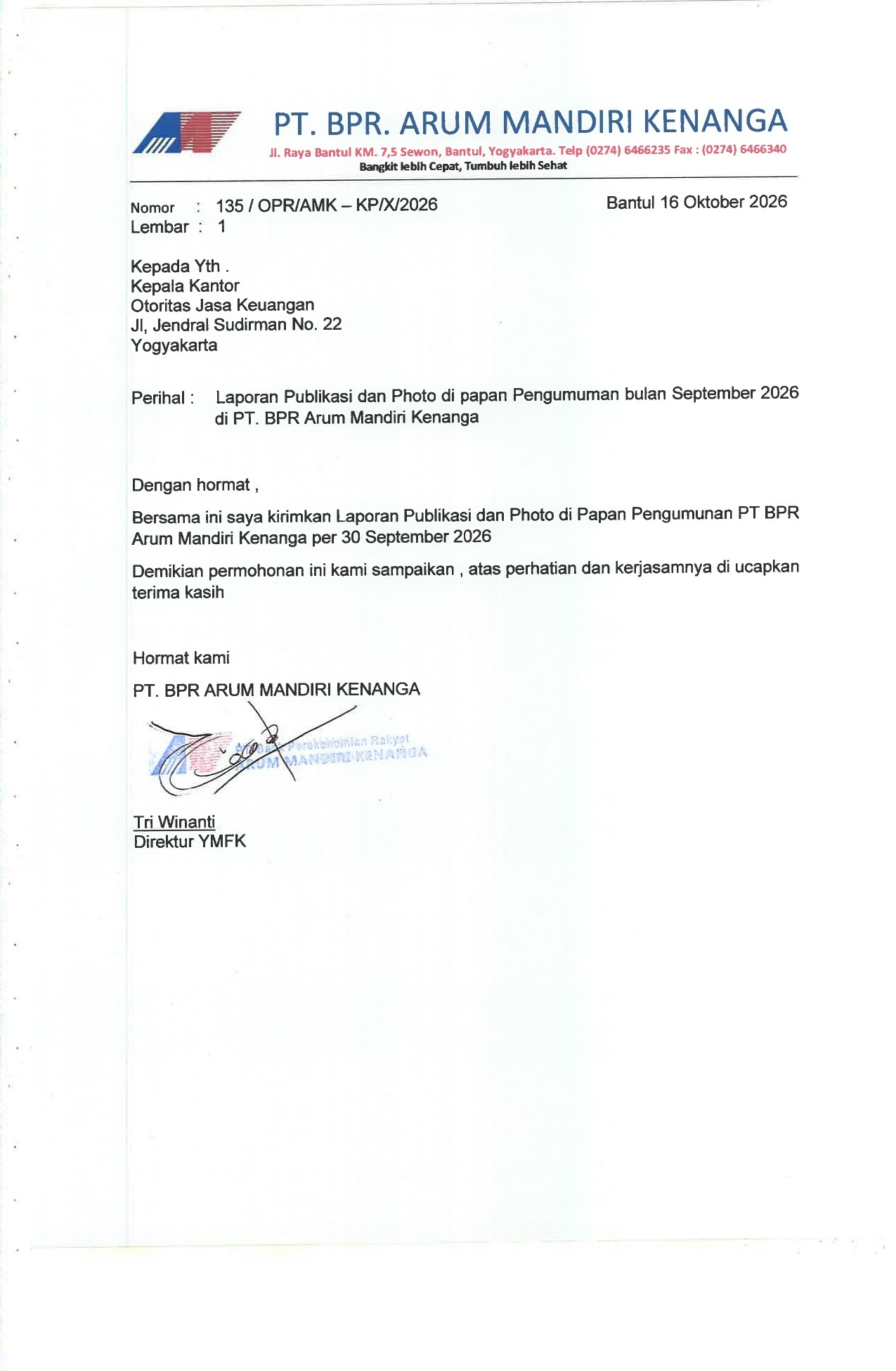 Publikasi PT BPR Arum Mandiri Kenanga KP dan KCP September 2026